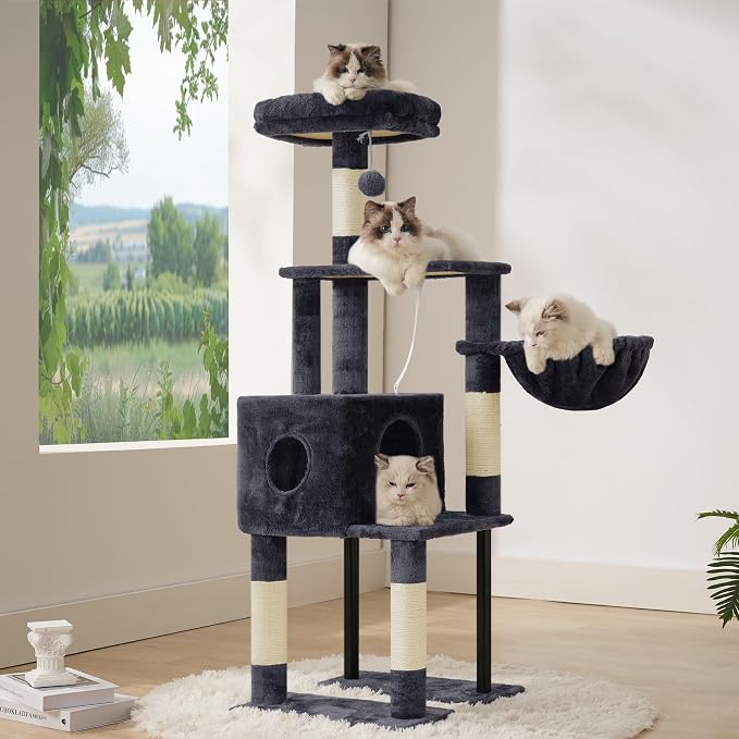 Heybly Cat Tree with Toy, 49.2 inch Cat Tower for Indoor Cats HCT200SG | Spacious Cat House Condo with Hidden Space，Soft Plush Top Perch，Cozy Hammock and Sisal Scratching Posts, Smoky Gray