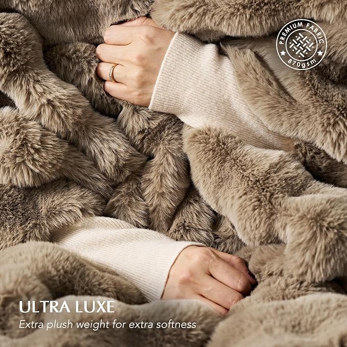Faux Rabbit Fur Bubble Throw Blanket, 60"x80", Greige | Ultra Soft, Luxury Faux Rabbit Fur Throw, Thick Warm Bubble Blanket, Cozy Fluffy Reversible, for Bed, Couch, Chair, Sofa