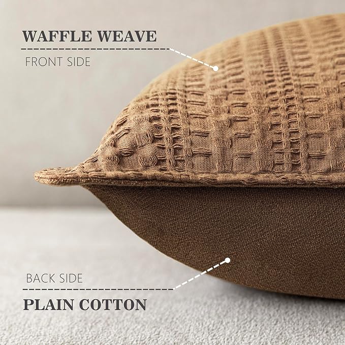 Foindtower Set of 2 Decorative Cotton Waffle Weave Throw Pillow Covers Euro Shams Cushion Covers Accent European Pillowcase for Bed Couch Sofa Bedroom Living Room Home Decor 20×20 Inch Orange Brown