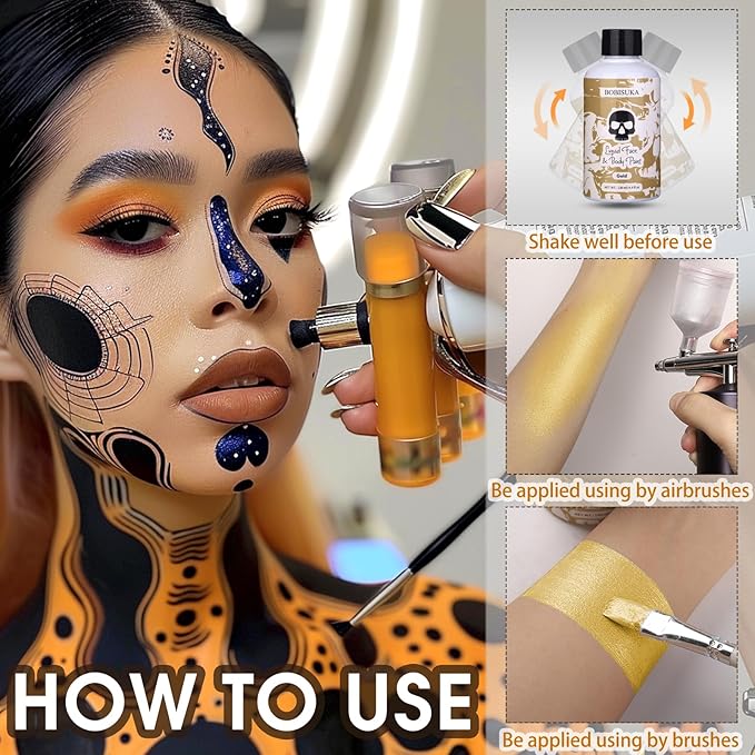 BOBISUKA Gold Face Body Paint Liquid Texture Washable Non Toxic Facepaint Fast Drying Metallic Gold Foundation Makeup for Halloween Cosplay SFX Costume Party Large Capacity(130ml)
