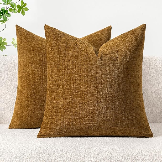 MIULEE Soft Chenille Throw Pillow Covers Mustard 16x16 Inch Pack of 2 | Modern Home Decor, Classic Decorative Pillows, Solid Dyed Cases, Boho Couch Cushion Covers for Sofa Bed Living Room
