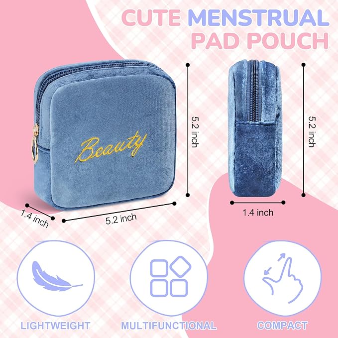 Flannel Sanitary Napkin Storage Bags Menstrual Cup Pouch Portable Zipper Nursing Pad Holder Tampons Collect Bags Feminine Menstruation First Period Kit Bag for Women Blue