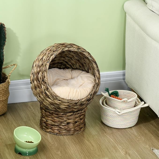 PawHut Handwoven Elevated Cat Bed for Indoor Cats 20" H Gray | Soft Cushion & Egg Chair Shape, Basket Bed Kitty House with Stand, Raised Wicker House