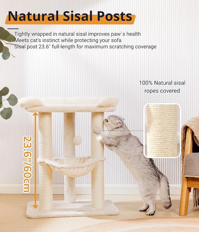 Cat Tree, Cat Scratching Posts with Large Bed for Big Cats | Small Cat Tower, 28" Tall For Window Viewing, 23.6"x15.7" Cat Perch Bed, Cat Hammock, Removable Cover, Solid Structure, Beige
