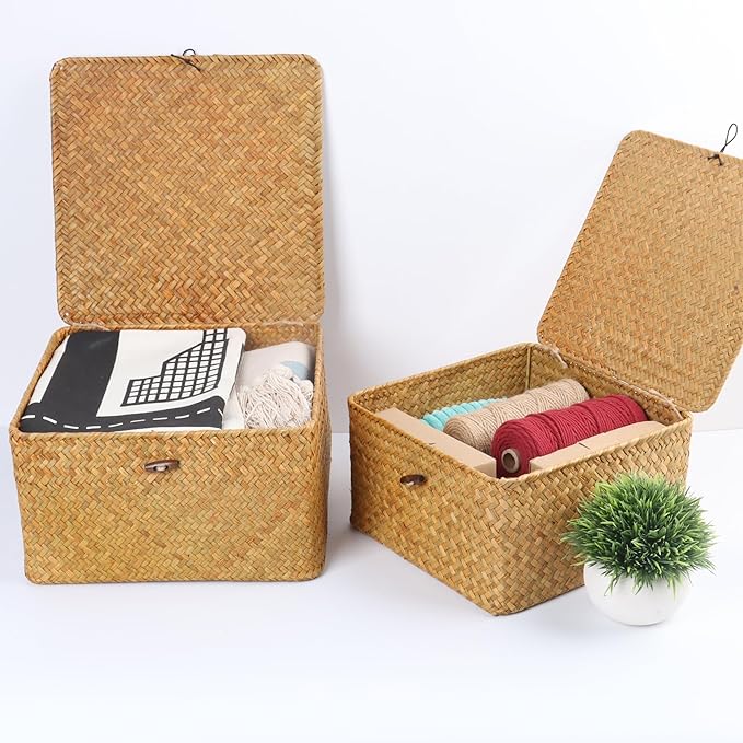 Moosky Wicker Shelf Baskets with Lid, Handwoven Seagrass Storage Basket Bins Square Gift Boxes for Shelves Home Decor Organizer (Natural, Large)