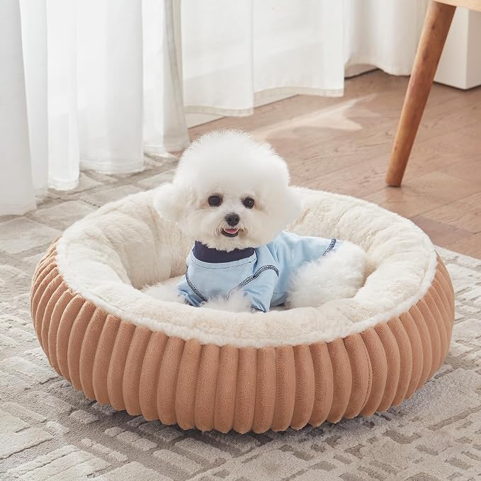 23 inches Calming Donut Dog Bed for Small Dogs,Mocha | Round Puppy Pet Bed with Removable&Washable Cover,Milk Plush Faux Fur, Fits Pets up to 15 lbs
