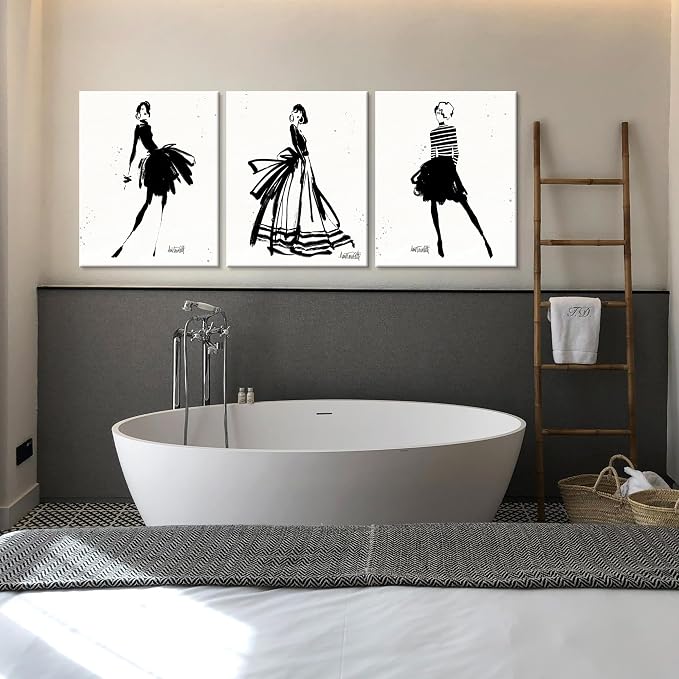 Chadow Artwork 3 Pieces Girl in Black Dress Wall Art Bathroom Art Fashion Women Canvas Pictures for Bedroom Beauty Salon Bathroom Makeup Room Decor 12"x16" (30cmx40cm)