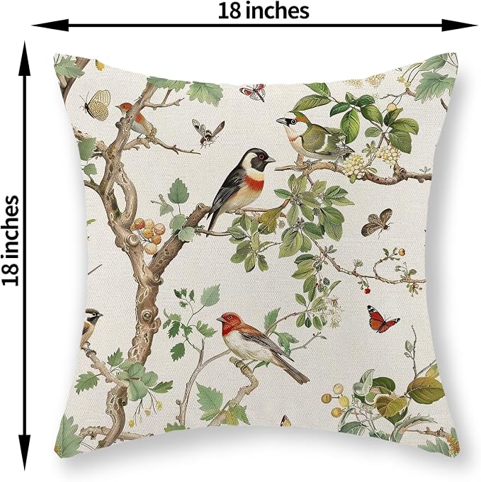 Chinoiserie Pillow Covers 18x18 Inch Set of 2 Green Floral Bird Throw Pillows Vintage Flower Decorations Pillow Cases Outdoor Chinoiserie Decor Farmhouse Linen Cushion Cover for Couch Home