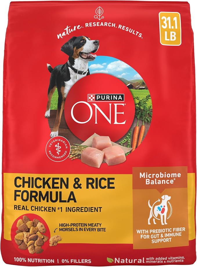 Purina ONE Chicken & Rice Formula Dry Dog Food, 31.1 lb Bag | High protein dog food with a microbiome balance and SmartBlend of ingredients like prebiotic fiber for gut and immune support