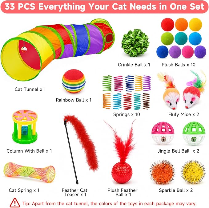 AILUKI 33PCS Cat Toys Variety Pack for Indoor Cats, Kitten Toys Cat Tunnel