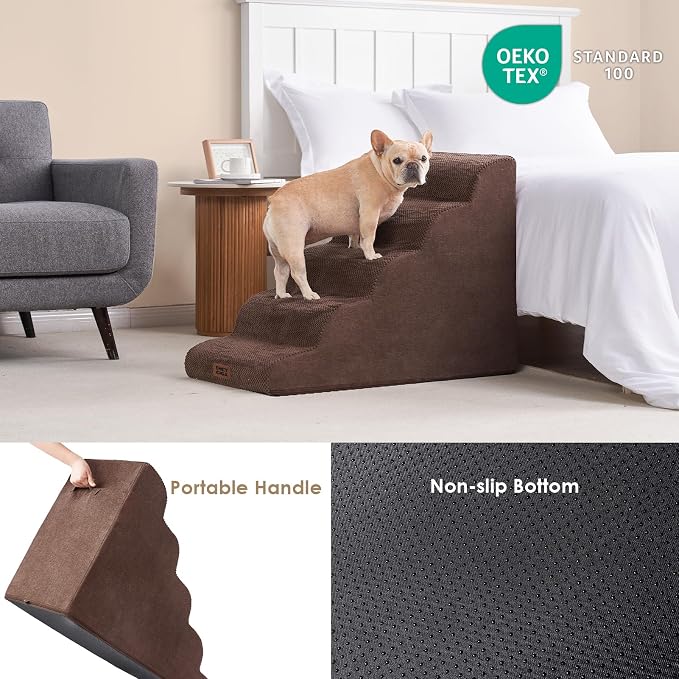EHEYCIGA Curved Dog Stairs Ramp, 5-Step Extra Wide High Beds, Dog Steps | 33D density of pure foam, for Small Dogs and Cats, Pet Stairs for High Bed Climbing, Non-Slip Balanced Indoor, Brown