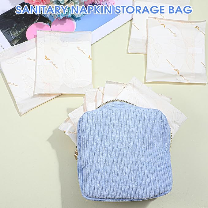 Xinjoduz 1 PCS Sanitary Napkin Storage Bag, Mini Makeup Bag with Zipper Corduroy Period Bags for Teen Girls for School Small Square Cosmetic Pounch Menstrual Pad Bag Tampon Holder for Purse (Blue)