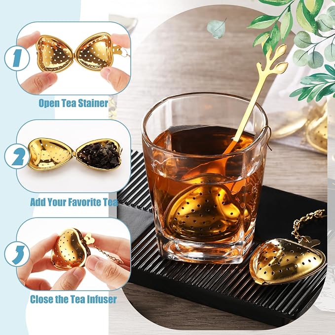 25 Sets Bridal Shower Tea Party Favor for Guest Leaf Tea Spoon Heart Shape Infuser Ball for Loose with Thank You Card Organza Bag Wedding Souvenir Gift(Gold)