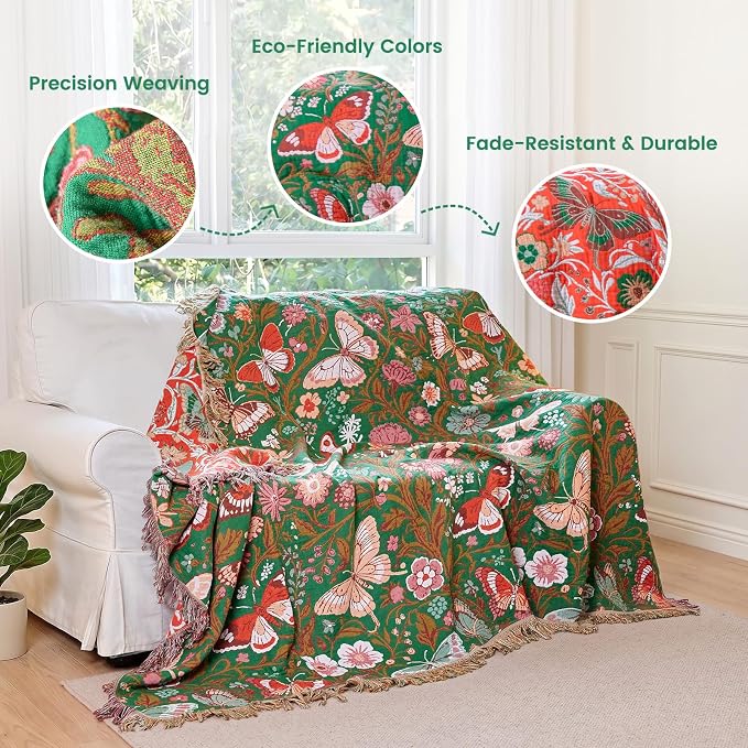 MSGKV Boho Throw Blanket 60"x80" 100% Cotton Butterfly Throw for Couch | 100% Cotton Throw, Butterfly Pattern, Reversible Woven, Lightweight Comfort, Farmhouse Decor, All Seasons, Machine Washable