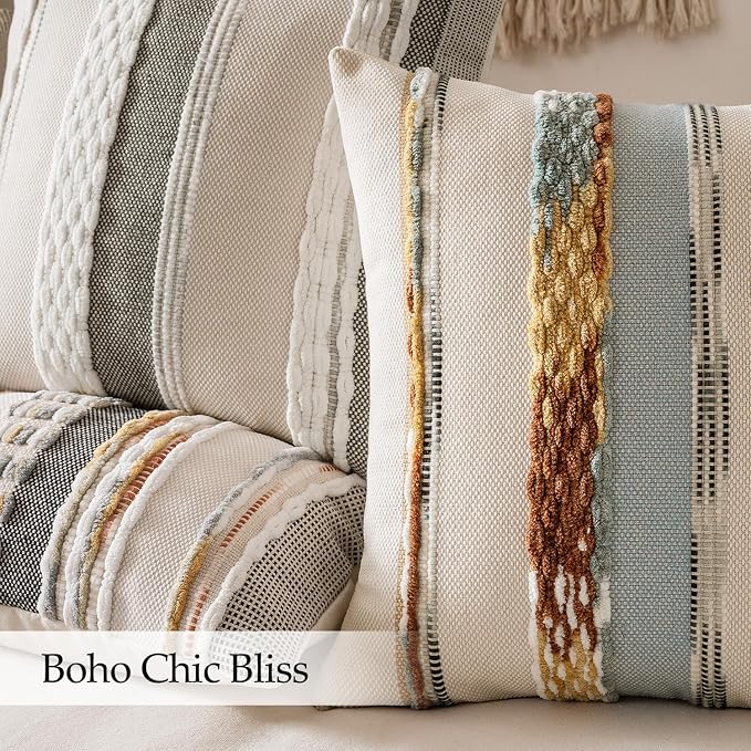 ANRODUO Boho Decorative Pillow Covers 18x18 Blue-Earth Tones Pack of 2 | Throw Pillow Covers, Farmhouse Cushion Case, Chenille Pillow Cases, Pillow Covers, Neutral Pillowcase for Sofa Couch Bed