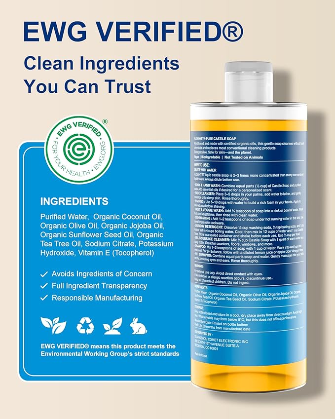 Pure Castile Soap Liquid Unscented 33.8 fl oz, EWG Verified Organic Body Wash，Bath Soap Castile Liquid, Hard Water Friendly for Sensitive & Oily Skin for Body，Face, Hand, Home Cleaner 1L
