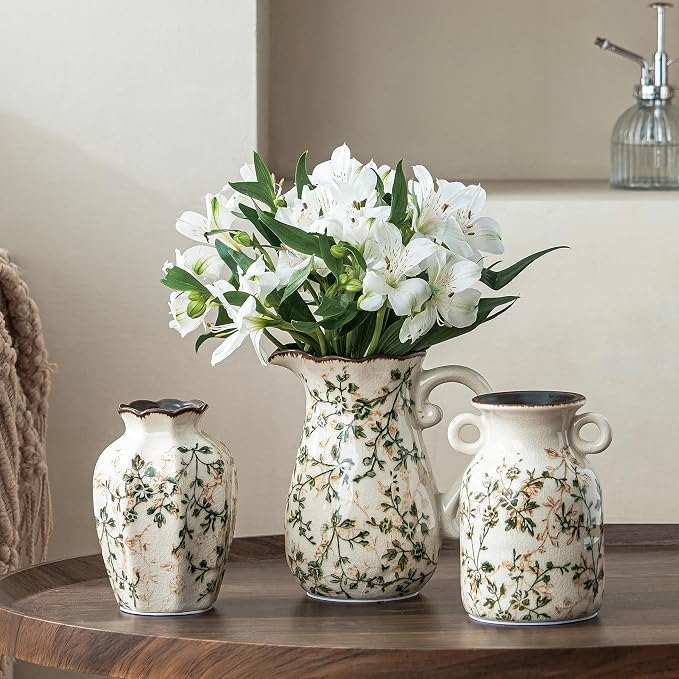 Ceramic Flower Vase Set for Home Decor, Vintage Green Vase (6+6+7 Inch) | Rustic Farmhouse Floral Vase for Kitchen, Bookshelf, Living Room, Coffee Table, Mantel, Entryway, Wedding Centerpiece