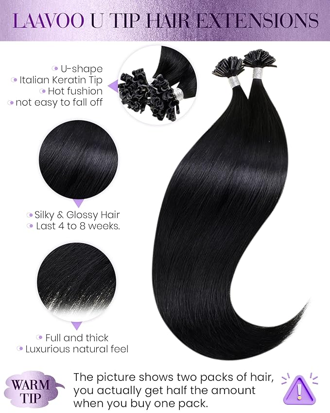 LaaVoo Ktip Human Hair Extensions Black 24 Inch K Tip Hair Extension Real Human Hair Utip Extensions Jet Black 50g 50s