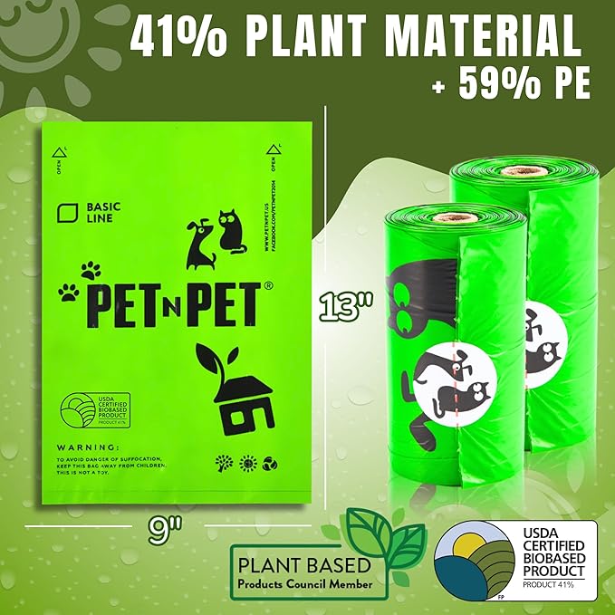 Pet N Pet Poop Bags for Dogs, 1080 Count, Plant Based, Unscented, Green | USDA Certified, 41%, Doggy, Leak-Proof, Refill, Waste, Tear-Resistant, Easy-Tear Design, dog waste bags