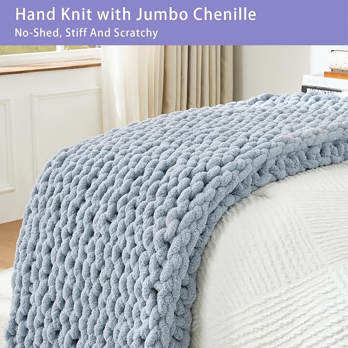 Bigacogo Chunky Knit Throw Blanket for Couch, 40x40 inches, Fog Blue | Hand Knit with Jumbo Chenille, Soft Breathable Cable Knit for Sofa Bed Living Room, Machine Washable, Gift for Mom Friend