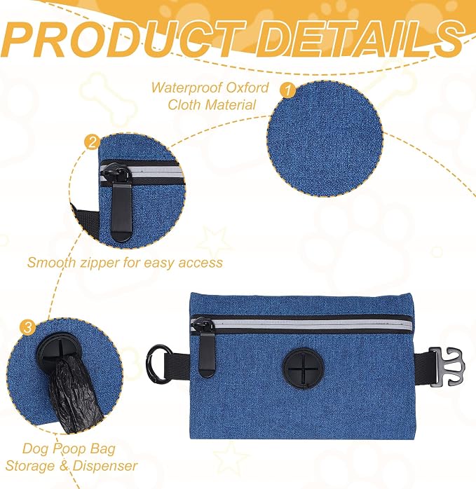 Dog Poop Bag Holder, Pet Waste Bag Dispenser Dog Treat Pouch with Zipper Oxford Cloth Portable Reusable Easy Cleanup(2Pcs, Navy Blue/Sky Blue), Intended for Outdoor/Travel/Walking