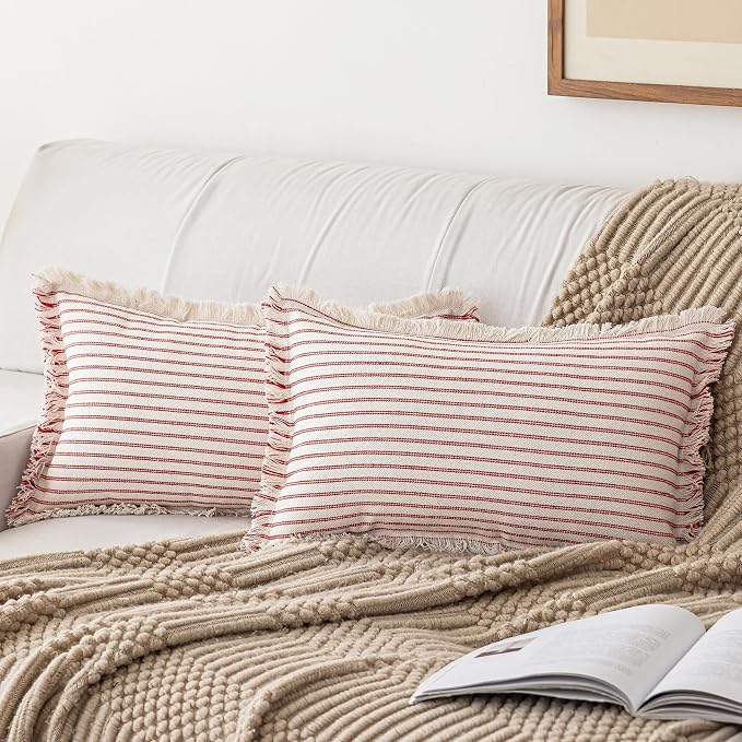 YEENAASY Throw Pillow Covers 12x20 Boho Striped Pillow Cases with Tassel | Set of 2 Fringe Pillow Cover Farmhouse Cushion Covers Neutral Pillows Decorative Lumbar Pillowcase for Couch Sofa Bed, Red