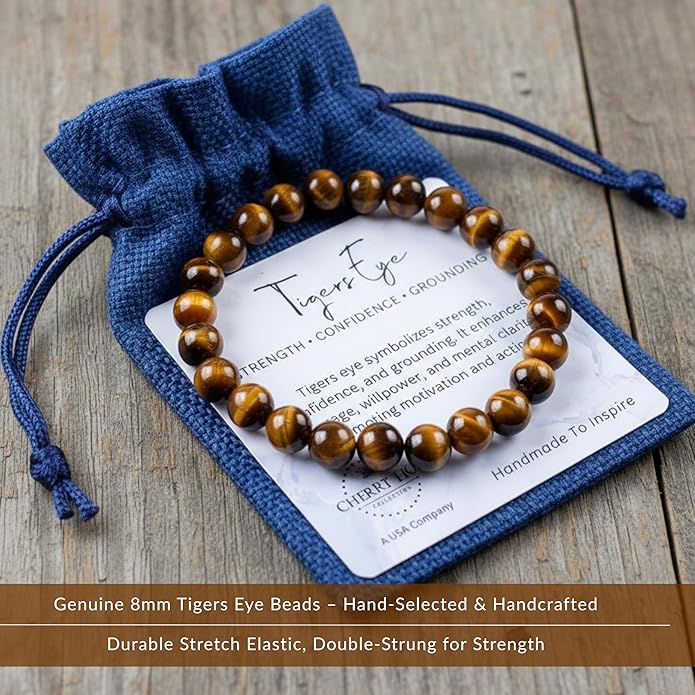 Cherry Tree Collection – Handmade Crystal Bracelets with Black Obsidian, Tiger’s Eye and 6 Other Gemstones for Men & Women – 8mm Beaded Bracelet for Healing, Protection & Positive Energy–Sizes S/M/L