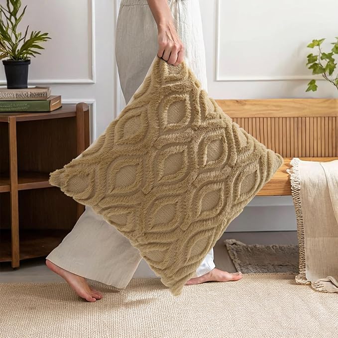 decorUhome Faux Fur Light Brown Khaki Throw Pillow Covers 12x20 Set of 2 | Plush Solid Fall Couch Pillow Covers, Accent Modern Farmhouse Neutral Decorative Soft Pillow Cases for Sofa Bed Living Room