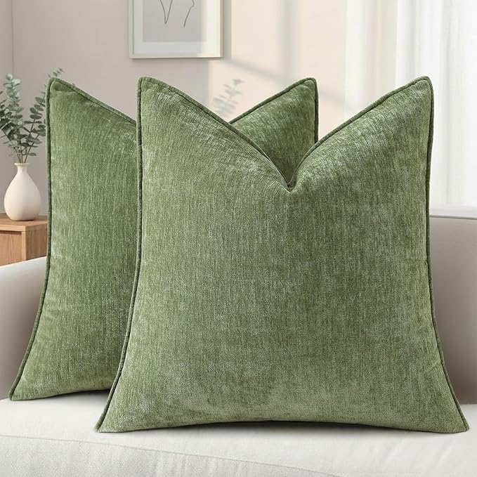 decorUhome Chenille Olive Green Velvet Throw Pillow Covers 26x26 Set of 2 | Fall Soft Euro Sham Couch Decorative Modern Farmhouse Pillow Cases with Elegant Design for Sofa Bed Living Room Home Decor