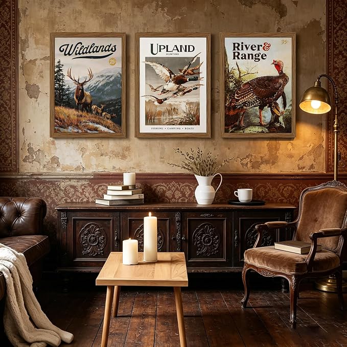 Hunting Wall Art Decor Deer Wildlife Prints Cabin Vintage Duck Pictures | Hunting Room Canvas Decor Rustic Animal Posters Fishing Mallard Duck Painting for Farmhouse Bedroom 12x16 Inch Framed 3Pcs