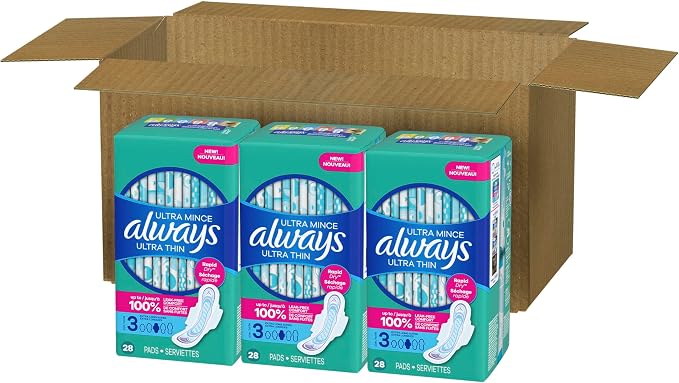 Always Ultra Thin Feminine Pads with Wings for Women, Size 3, Extra Long Super Absorbency, Unscented, Up to 100% Leak-Free Protection,84 Count (Pack of 2)