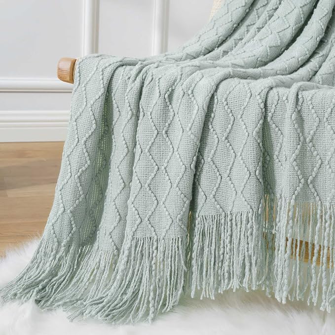 BATTILO HOME Sage Green Throw Blanket for Couch, Light Blue Knit Throw Blanket, Decorative Textured Sage Throw for Home Decor, 50"x60"
