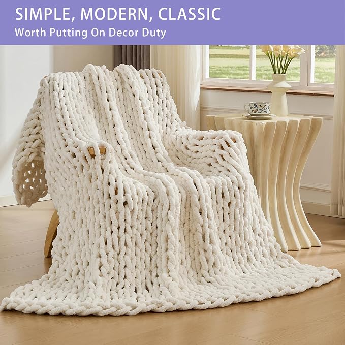 Bigacogo Chunky Knit Throw Blanket for Couch, 60x80 inches, Vintage White | Hand Knit with Jumbo Chenille, Soft Breathable Cable Knit for Sofa Bed Living Room, Machine Washable, Gift for Mom Friend