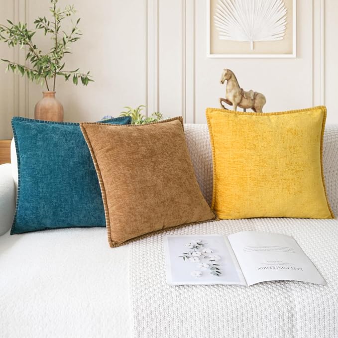 CaliTime Decorative Couch Throw Pillow Covers 16 X 16 Inches Apricot Brown | Pack of 2, Cozy Chenille Cushion Cases, Cotton Thread Stitching Edges, for Sofa Bed Living Room Farmhouse