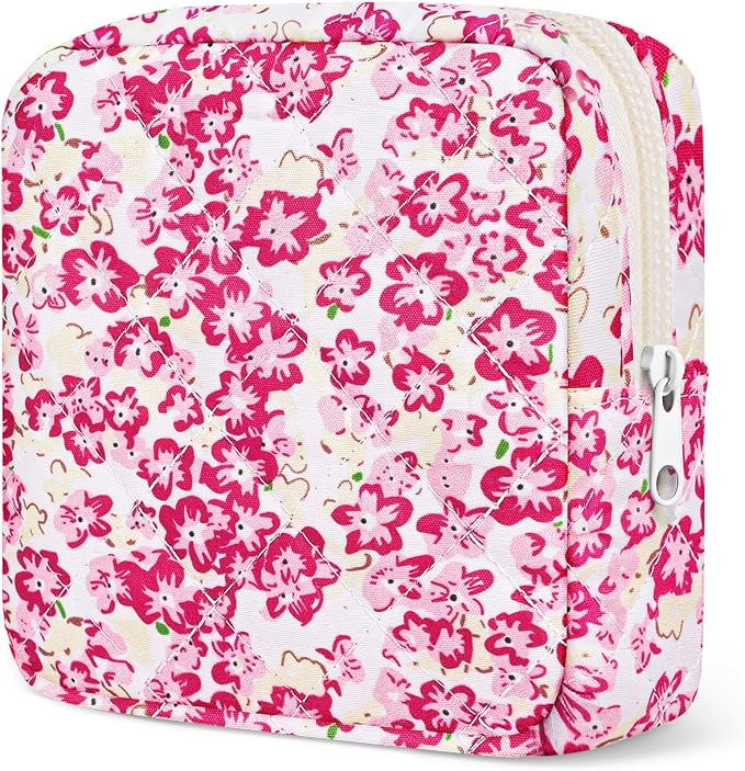 Likesing Quilted Period Bag, Period Pouches for Teen Girls Womens, Portable Floral Print Sanitary Napkin Storage Bag Feminine Emergency Tampon Pad Pouch(Red Floral)