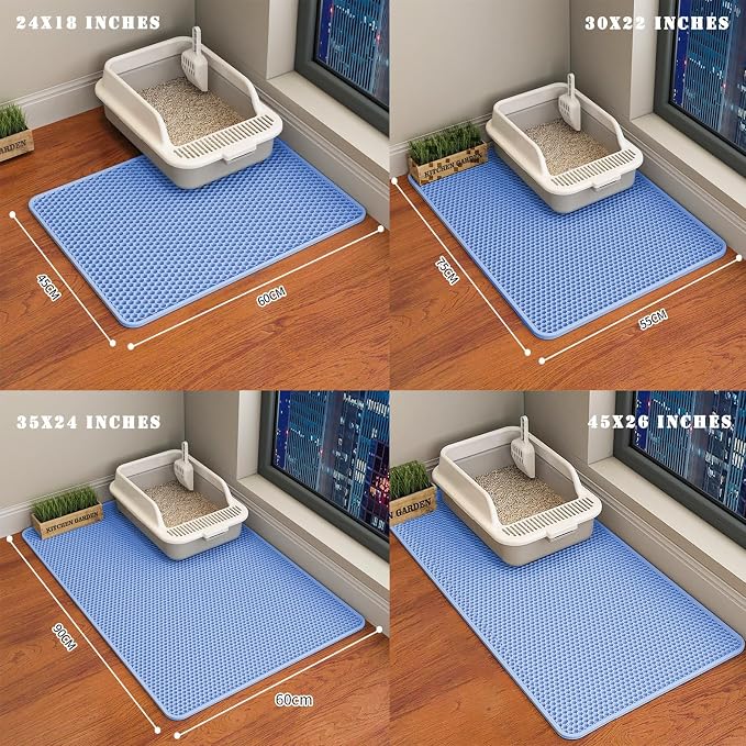 HCY&WLD Cat Litter Mat, Double Layer Cat Litter Box Mat (35x24 Inch, Blue) | Waterproof Urine-Proof Non-Slip Litter Trapping Mat, Soft on Kitty Paws, Scratch-Resistant, Scatter Control, Easy to Clean