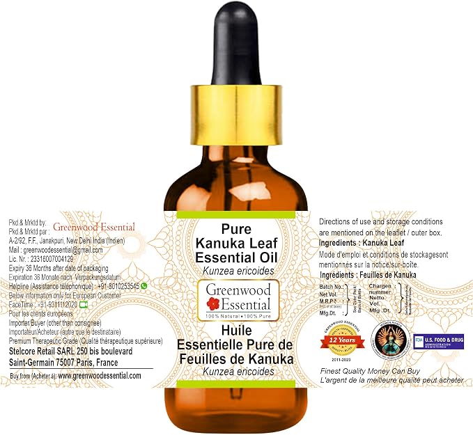 Greenwood Essential Kanuka Leaf Essential Oil (Kunzea ericoides) with Glass Dropper | Pure | Non-Sticky | Non-Greasy | Lightweight | Men & Women | All Skin Types | Steam Distilled 50ml (1.69 oz)