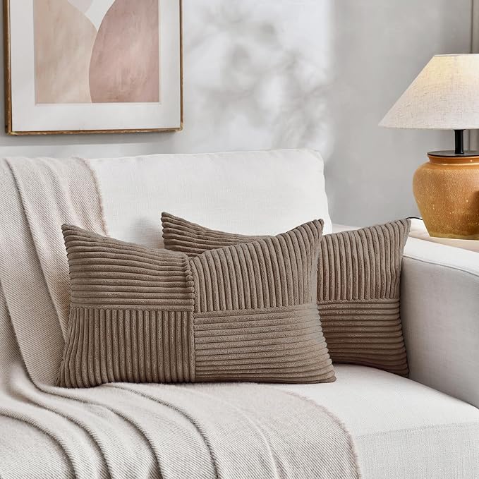 Fancy Homi Set of 1, Decorative Light Brown Corduroy Patchwork Soft Striped Modern Accent Cushion Case Farmhouse Boho Neutral Throw Pillow Covers for Chair Couch Sofa Bed Living Room Home 24x12 Inch