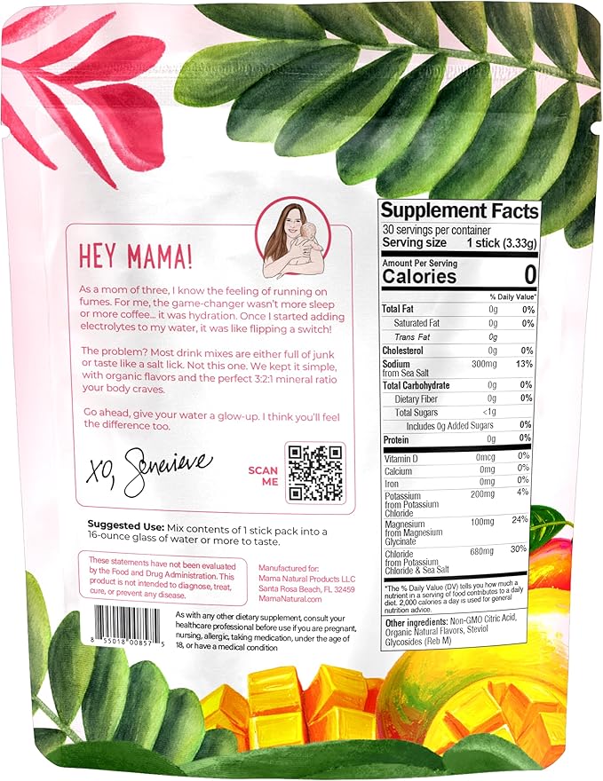 Mama Natural Electrolytes Powder Packets – Instant Hydration with natural Sea Salt, Potassium & Magnesium Glycinate – Sugar Free, Organic Mango Flavor – 30 Travel Sticks for Postpartum & Pregnancy