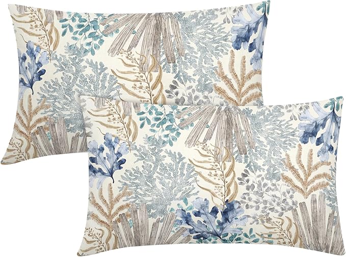 Nautical Coastal Coral Lumbar Pillow Covers 12x20 Inch Set of 2 Summer Ocean Beach Themed Decorative Pillow Cases Outdoor Linen Square Cushion Cover Farmhouse Decor for Bedroom Home Sofa Couch Bed