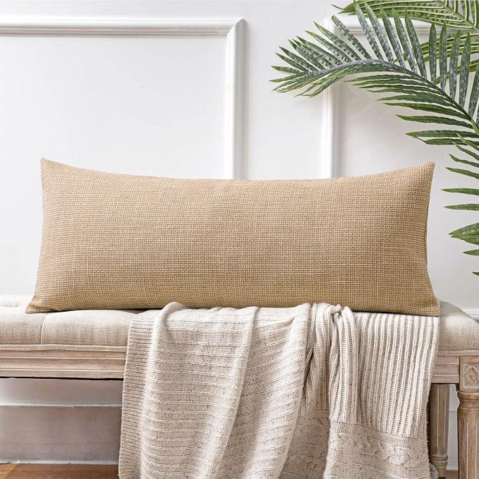 OTOSTAR Linen Throw Pillow Cover Set of 1 Decorative Long Lumbar Pillowcase Rectangle Cushion Cover 14x36 Inch for Home Decor Sofa Bedroom Car 35 x 90CM Light Brown