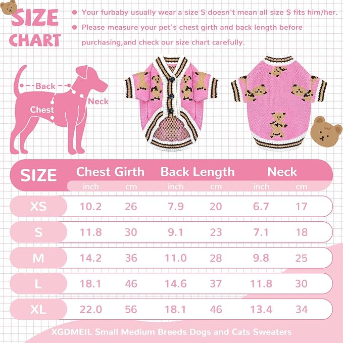 Small Dog Sweaters Cute Bear Knitted Dog Cardigans Clothes for Small Medium Dogs Soft Pet Puppy Cat Knitting Outfits Fall Winter Warm Boy Girl Dogs Knitwear Coat Apparel (Pink, Small)