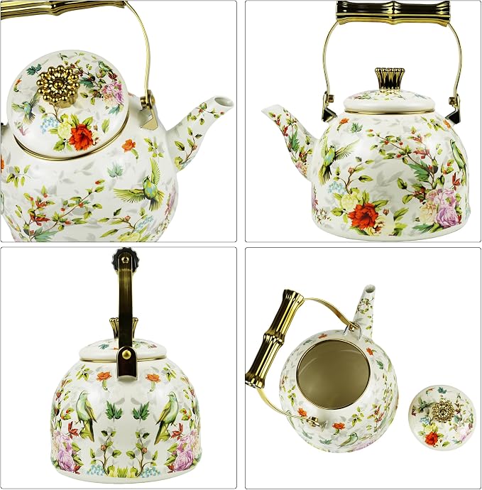 Vintage Enamel Tea Kettle Birds Floral Boho Stovetop Teapot with Gold Handle 2.5L Enamel Kettle Bohemian Kitchen Decor Ideal Gift for Housewarming Camping Coffee Pot
