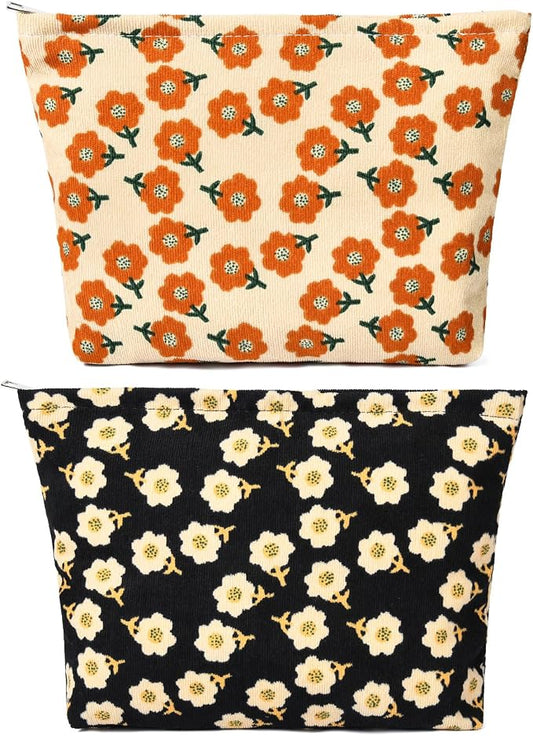SOIDRAM 2 Pieces Flower Makeup Bag Large Corduroy Cosmetic Bag Capacity Canvas Travel Toiletry Bag Organizer Cute Makeup Brushes Aesthetic Accessories Storage Bag for Women, Flower L Orang Black