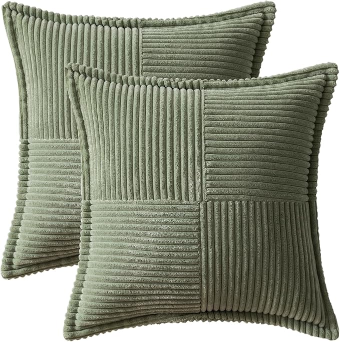 MIULEE Decorative Throw Pillow Covers for Couch 20x20 Light Olive Green | 2 Pack, Boho Broadside Striped Patchwork Pillow Covers, Soft Corduroy Cushion Cases, For Sofa Bed Livingroom Home Decor