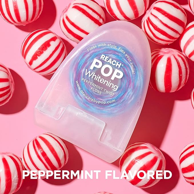 REACH POP Whitening Dental Floss, Peppermint, Baking Soda Infused, Teeth Whitening, Plaque Remover for Teeth, Shred Resistant, Vegan Wax, Cruelty Free, Oral Care, PFAS Free, 2 Pack, 54.6 yd