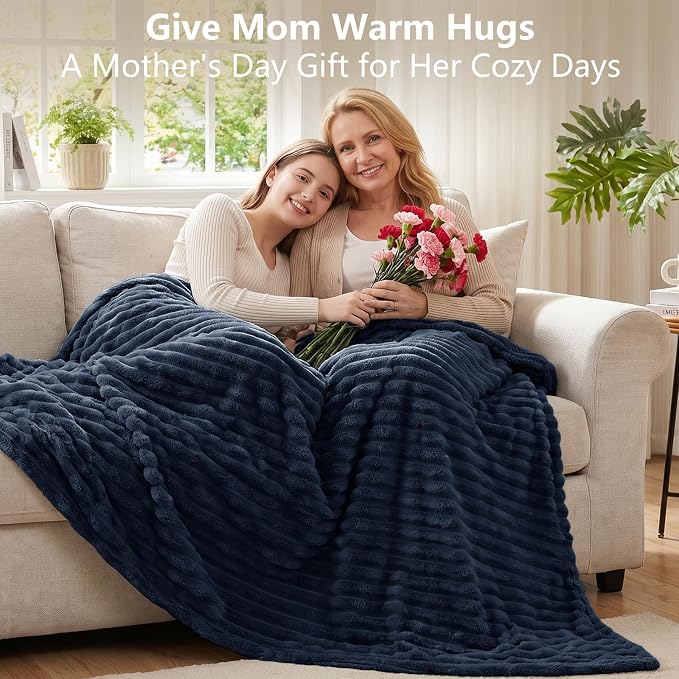 Navy Blue Twin Blanket for Bed & Couch, 60 x 80 Inch | 300GSM Ribbed Fleece Blanket, Soft, Cozy & Lightweight, OEKO-TEX Certified, All-Season Use for Travel, Dorm & Home Decor