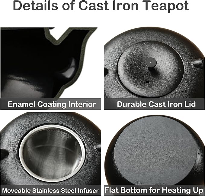 67.6oz Large Cast Iron Teapot and Cups Set, Black Enameled Tea Kettle for Stovetop, Heavy and Durable Tea Pot with Stainless Steel for Loose Tea, Chinese Tea Set for Gift, 2000ML