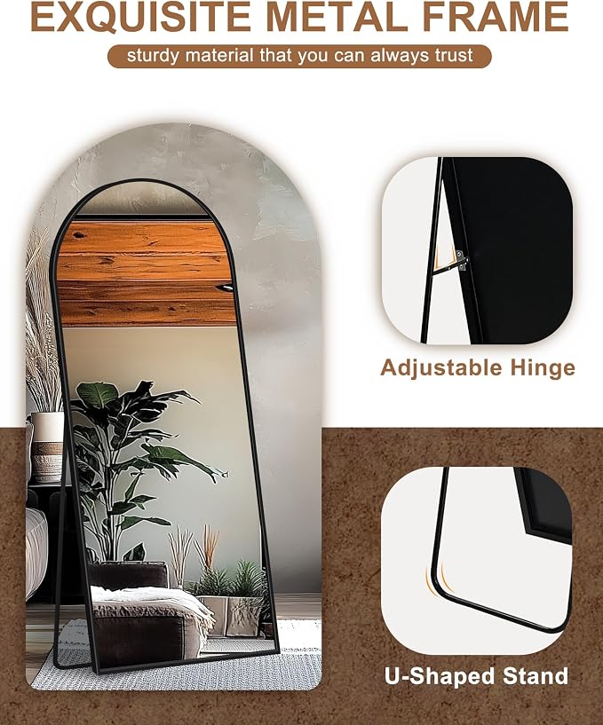 Arched Full Length Mirror with Stand, 70x30 Black Floor Mirror | Aluminium alloy frame with HD float glass for distortion-free reflection. Free standing or wall mounted.