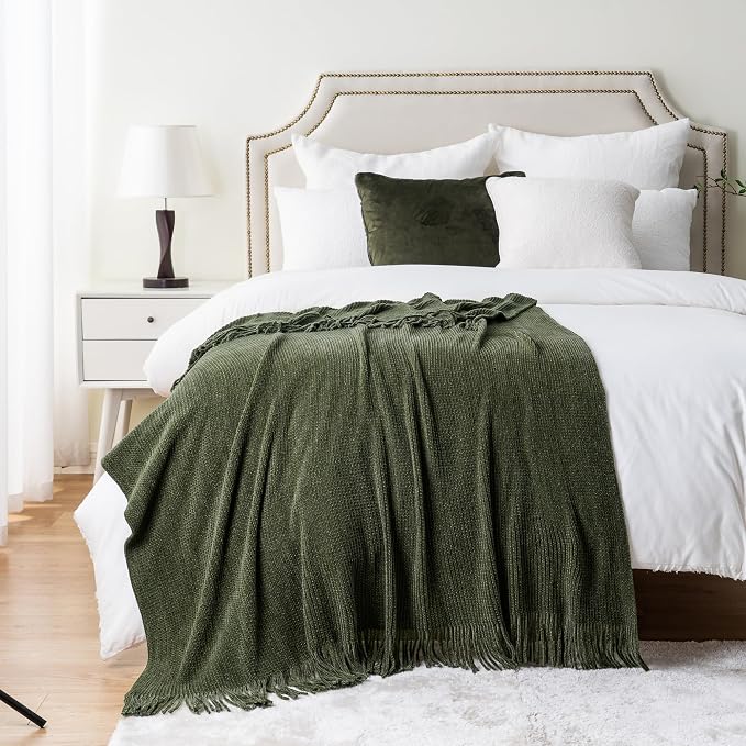 BATTILO HOME Olive Green Throw Blanket for Couch, 60"x80" | Soft Chenille Knit Throws with Tassels for Home Decor, Dark Green Blankets and Throws for Bed Couch Cover